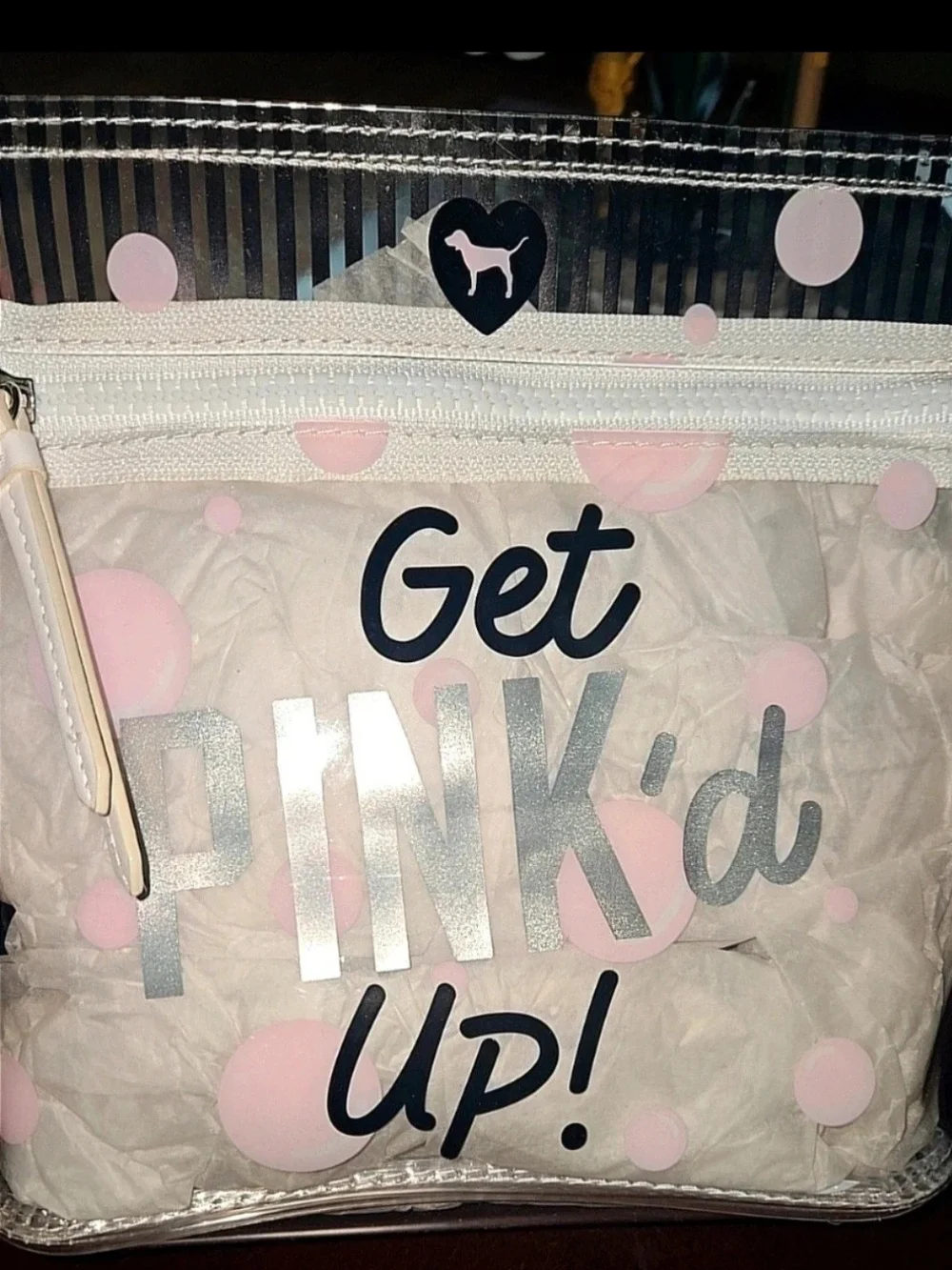 Get PINK'd Up! Clear Cosmetic Bag with Pink Polka Dots NWT